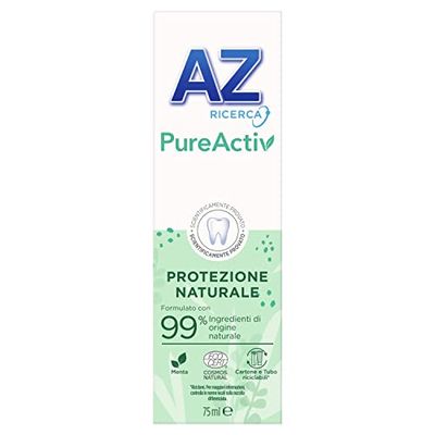 AZ Ricerca Dentifricio PureActi, Ingredienti di Origine Naturale, Protegge dalle carie per 24 ore, Dona Freschezza, Con Cartone e Tubetto Riciclabili, Menta, 1 Confezione X 75ml