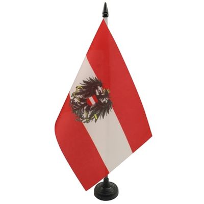 Oostenrijk met adelaarstafelvlag 14x21 cm - Oostenrijks wapenschild Bureaivlag 21 x 14 cm - Zwarte kunststof stok en voet - AZ FLAG