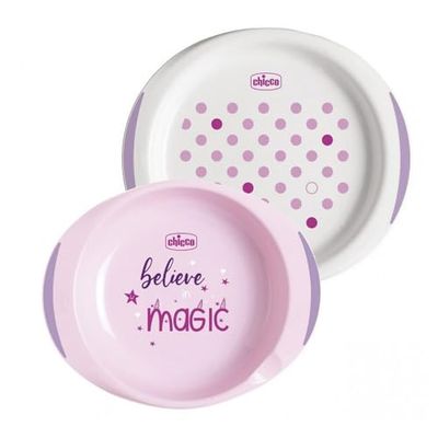 Chicco - Set Babyborden - 1 Soepbord en 1 Plat Bord - Antislip Onderkant en Handgrepen - Ergonomische Grip - 12+ Maanden - Roze