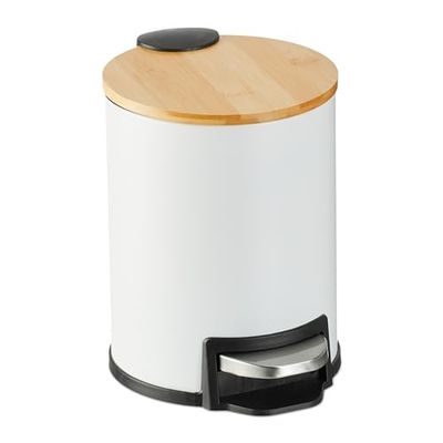 Relaxdays 3 L Pattumiera Bagno a Pedale, Cestino Cosmetici con Secchio Interno Rimovibile, Bidone Ferro e bambù, Bianco