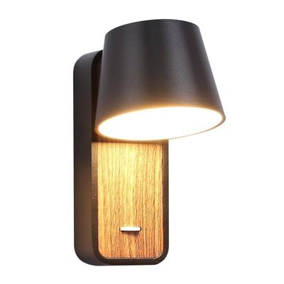 BarcellonaLED Applique da parete LED di lettura nero con interruttore in base di legno Faretto orientabile da 6 W 2700 K per letto salotto