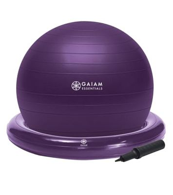 Gaiam Essentials Balance Ball & Base Kit, 65 cm Yoga Ball Stoel, Oefenbal met Opblaasbare Ring Base voor Thuis of Kantoorbureau, Inclusief Luchtpomp - Paars