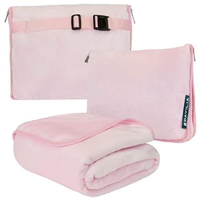 PAVILIA Travel Blanket and Pillow, Dual Zippers, Clip On Strap |Warm Soft Fleece 2-in-1 Combo Blanket Airplane, Camping, Car |Large Compact Blanket Set, Luggage Backpack Strap, 60 x 43 (Blush Pink)