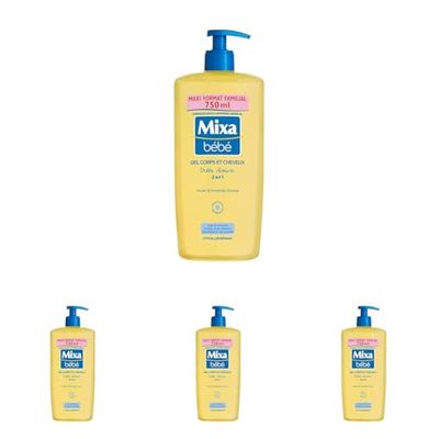 Mixa Bébé Gel 2 en 1 Corps et Cheveux Très Doux - À l'Huile d’Amande Douce -Hypoallergénique - pH Neutre - Maxi Format Familial 750 ml (Lot de 4)