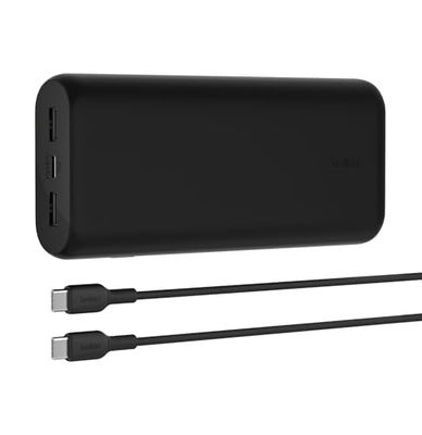 Belkin BoostCharge Batterie Externe 20000mAh 3 Ports avec PD 20W, Power Bank, Batterie Portable pour iPhone 16, 15, 14, 13, 12, AirPods, Galaxy, Pixel, etc., Design Compact, câble USB-C vers USB-C