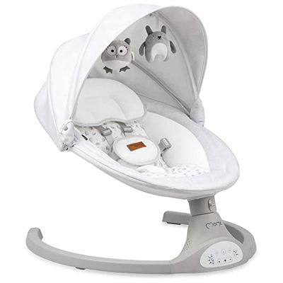MOMI KENANI Huśtawka dla dzieci do 9 kg, składana, z pilotem i Bluetooth, do podłączenia ze smartfonem, bateriami i siecią, z 5-punktową uprzężą bezpieczeństwa