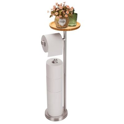 Supporto per carta igienica con vassoio grande in bambù da 20 cm, può contenere 5 rotoli, supporto per carta igienica da pavimento con ripiano per telefono, base in acciaio inossidabile resistente e