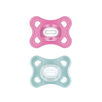MAM Comfortabele fopspeen in set van 2, bijzonder kleine en lichte fopspeen voor pasgeborenen en baby's, van 100% siliconen, met zachte MAM SkinSoft zuignap en fopspeenbox, 3-12 maanden, roze