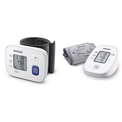 Omron Tensiómetro de muñeca RS1, monitor de presión sanguínea para el hogar o portátil + X2 Basic Tensiómetro, monitor para medir la presión arterial en casa