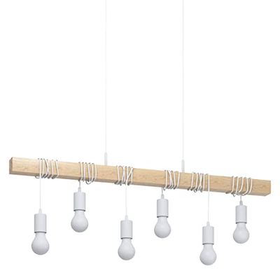 Eglo Candeeiro de teto Townshend, candeeiro de teto com 6 focos de design industrial, candeeiro suspenso retro de aço e madeira, cor branca, castanho, suporte de lâmpada E27