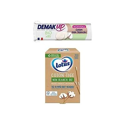 Demak'Up Bio Disques Cotons à Démaquiller - 100% Fibres de Coton Naturelles Biologiques et non Blanchies (85 Cotons)+ Lotus Cotons-Tiges En Papier Et Coton Non-Blanchi Bio (Boîte 200 Bâtonnets)