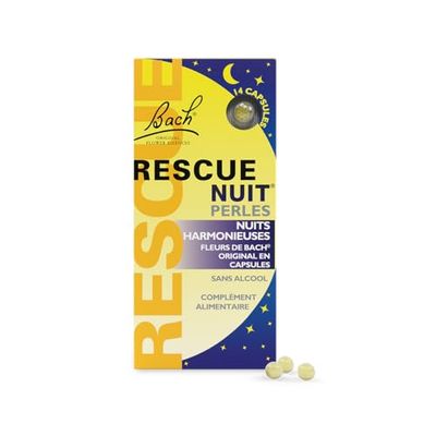 Rescue Nuit Perles, Participe à des nuits sereines, sans alcool, Vegan, Complément alimentaire, Soutien du sommeil, Capsule 1 Boîte de 14