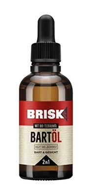 BRISK Olio da barba 2 in 1 da uomo, 50 ml, per la cura della barba con olio di tea tree biologico, assorbe rapidamente, per pelle curata e peli morbidi, non unge, anche per la rasatura, la cura del viso per uomo