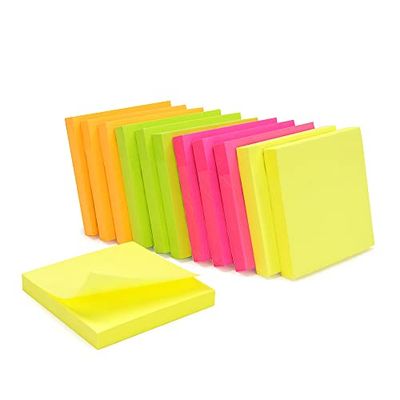 WAYTEX 1200 foglietti autoadesivi riposizionabili, colori fluo assortiti, 12 blocchi da 100 fogli, 75 x 75 mm, giallo, arancione, rosa, verde