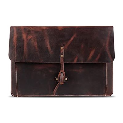 Londo Funda MacBook Pro de Piel de Grano Real con Bolsillo Frontal y Cierre con Solapa (Canela, 13 Pulgadas)