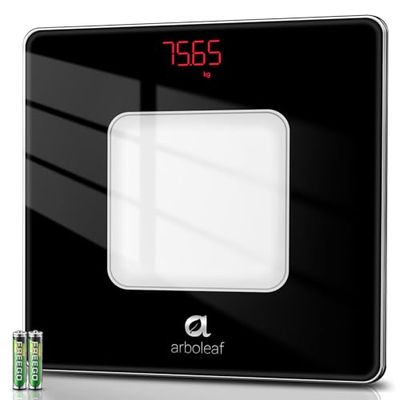 arboleaf Personenweegschaal, zeer nauwkeurige digitale weegschaal met step-on-technologie en helder led-display, weegschaal voor lichaamsgewicht van gehard glas, 180 kg, inclusief batterijen (zwart)