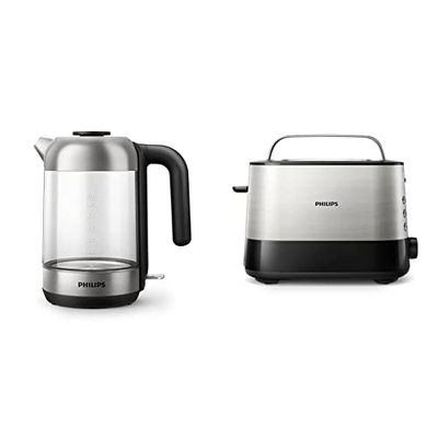 PHILIPS Bollitore Elettrico Hd9339/80 In Vetro Trasparente, Con Spia Luminosa Led Blu, Capacità 1,7 L & Hd2637/00 - Tostapane Con Fessura Ampia, 950 W Métal/Noir