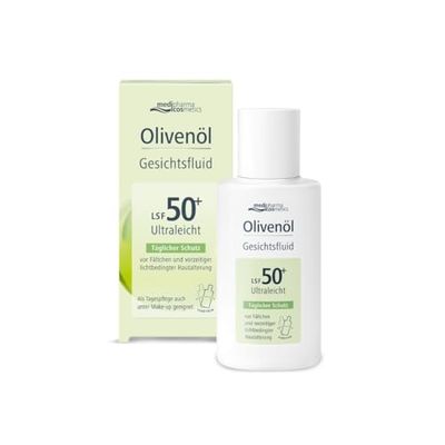 Olivolja ansiktsvätska med SPF 50+ från medipharma cosmetics I ultralätt formel I dagligt skydd mot UV-strålar I skydd mot rynkor och för tidigt ljusinducerat åldrande I 50 ml