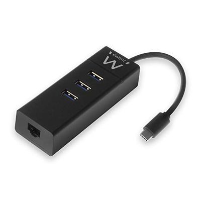 Ewent EW1141 USB-C-hub, 3 poorten USB 3.0 en LAN-adapter 1000 Mbps Gigabit Ethernet RJ45, USB 3.0 hub snelle gegevensoverdracht voor Macbook, Chromebook