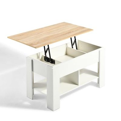 39F FURNITURE DREAM Table à café Moderne avec Rangement caché Base Blanche et Dessus en Bois de chêne Table Centrale Multifonction avec étagère inférieure pour Salon Bureau, Blanc, 96 x 50 x 48-63 cm