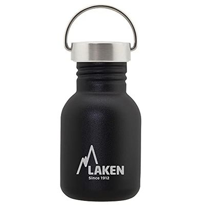 Laken unisex – volwassenen zeer robuuste roestvrijstalen fles 0,35 l zwart met vintage deksel, 0,35 l
