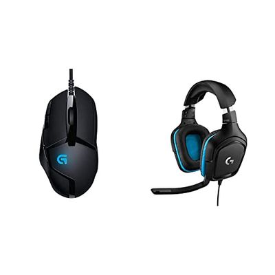 Logitech G402 Hyperion Fury Wired Gaming Mouse - Black & 432 Wired Gaming Headset, 7.1 Surround Sound, DTS Headphone:X 2.0, 50 mm Audio Drivers, USB and 3.5 mm Audio Jack - Black