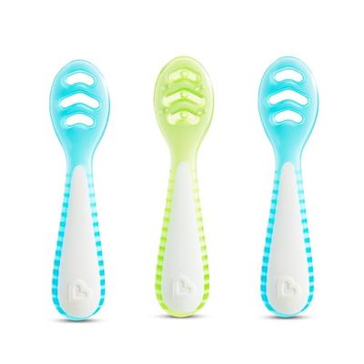Munchkin Gentle Dip Multistage First Spoons for Babies 4+ Months - 3 Pack, idéal pour le Baby-Led Weaning, design ergonomique, sans BPA, Blue/Green