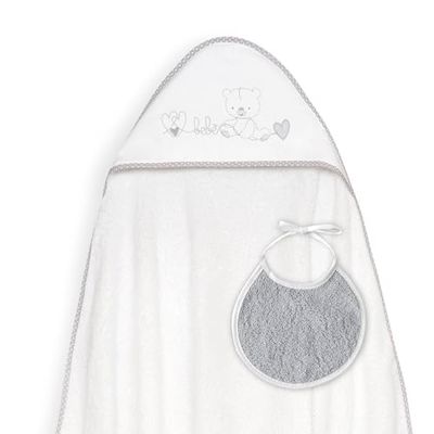Interbaby - Capa de Baño Bebe Blanco/Gris + Babero | Toalla Bebe con Capucha 100% Algodón, 100x100cm, Unisex | Suave, Cómoda, Ideal Recién Nacidos, Bebes y Niños Pequeños | Diseño Corazones Bebe Osito