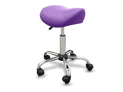 QUIRUMED Tabouret de Type Poney Ergonomique avec Base en Acier, Couleur Violet, revêtement en Similicuir, Hauteur réglable, Assise rembourrée, roulettes pivotantes, jusqu'à 150 kg