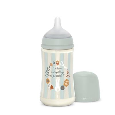 Suavinex, Babyfles 270 ml met symmetrische siliconen zuiger SX Pro en anti-koliek ventiel, babyfles met middelsterke speen (M). Voor kinderen vanaf 3 maanden. nederland, lichtblauw