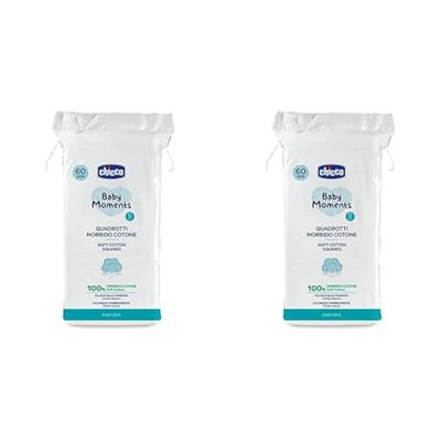 Chicco Baby Moments Quadrotti Morbido Cotone, Pulisce Delicatamente e Accarezza Morbidamente, Baby Skin, Bianco, 60 Pezzi, 0+ Mesi (Confezione da 2)