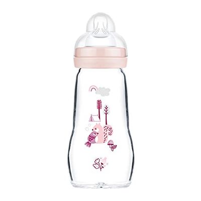MAM Feel Good Gourde en verre pour bébé avec tétine Taille 1 à partir de la naissance Écureuil/oiseau 260 ml