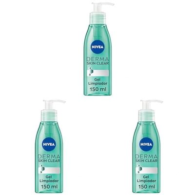 NIVEA Derma Skin Clear Gel Limpiador (150 ml), limpiador facial para pieles propensas a imperfecciones con fórmula vegana, limpiador de poros (Paquete de 3)