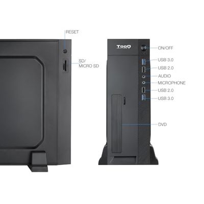Caja Slim MATX con lector de tarjetas, 500W, ideal para sistemas compactos y conexión de dispositivos externos.