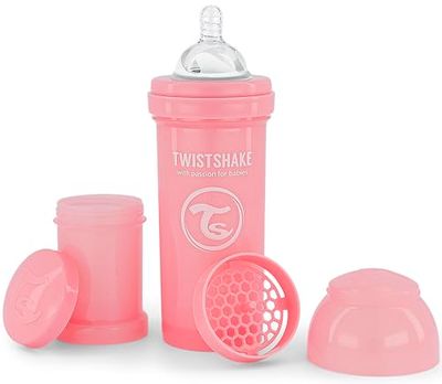 Twistshake Biberão anticólicos com depósito para leite e misturador, 260 ml, tetina de silicone com fluxo médio estilo peito, livre de BPA, adequado para bebés a partir de 2 meses, rosa