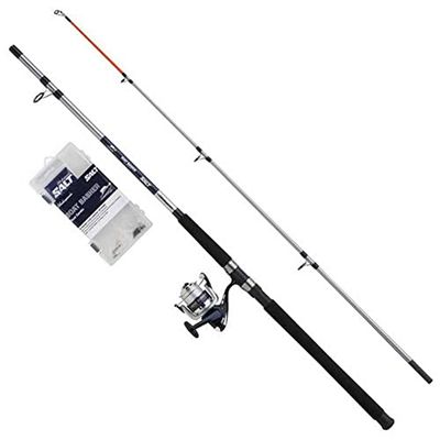 Shakespeare Salt Boat Basher Combo Set Canne à pêche et Moulinet, Spinning Combo avec étui Rigide, leurres et matériel d'extrémité, pêche en mer, Unisexe, Bleu et Blanc, 2,40 m, 100-300 g