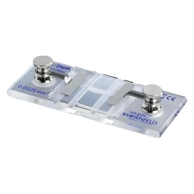 Marienfeld Cámara de conteo de vidrio especial óptica superior con línea clara con pinzas de resorte, sistema de roedores, profundidad de cámara de 0,5 mm