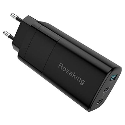 Rosaking 65 W USB C-oplader, 3 poorten GaN USB C-adapter, snellader voor MacBook Pro/Air, compatibel met Galaxy S23 Ultra Plus S22 S2, compatibel met iPhone 14/13 Pro