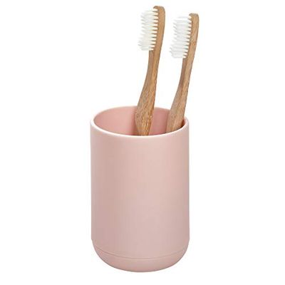 iDesign Porte Brosse à Dents pour 4 Brosses, Petit Porte-Brosse à Dents en Plastique, Rangement Salle de Bain Rond également pour Brosses à Dents électriques, Rose