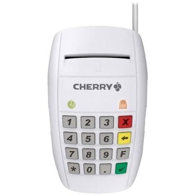 CHERRY Smart Terminal ST-2100, Lecteur de Cartes à Puce pour Cartes d'Assurance Maladie Électroniques, Signatures, Banque en Ligne, USB, Utilisation d'Une Main, 16 Touches, Blanc