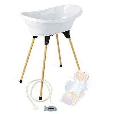 THERMOBABY – Pack de bañera para bebé VASCO 5 en 1 – Bañera, pie de madera, manguera de drenaje, tumbona de baño, termómetro – blanco candidiasis – Plegable y estable – Fabricado en Francia