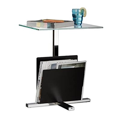 Relaxdays sidobord med tidningsstativ, metall, soffbord i glas, tidningshylla, H x B x D: 53 x 46 x 36 cm, svart