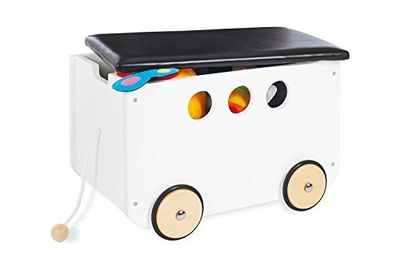 PINOLINO Jim toy box, made of wood and faux leather, with pull cord and rubberised wooden wheels, removable lid, from 3 years old, painted white/faux leather black