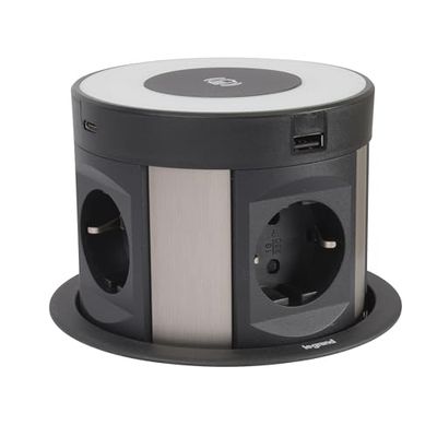 LEGRAND, Incara Tower 120, inbouwstopcontact met liftsysteem, multi-tafelstopcontact, 1x draadloze oplader, 4x USB (A+C), 4x stopcontact, 2P+E-stekker, inbouwdiepte: 181,7 mm, 250 V, aluminium/zwart,