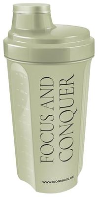 IronMaxx Shaker à protéines - Olive Focus and Conquer 700 ml | Shaker à protéines avec bouchon vissé, passoire, échelle | anti-fuite, sans BPA, lavable