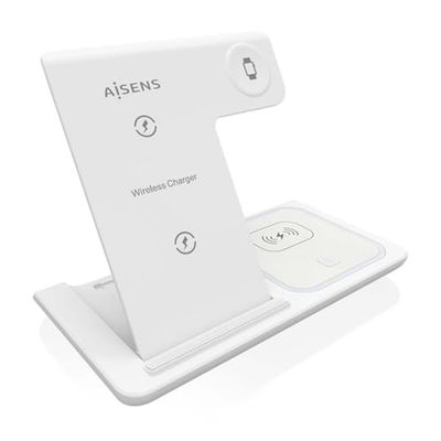 AISENS ASCH-15W3WC044-W Draadloze oplader USB-C 3-in-1, 15 W, voor mobiele telefoon, Apple Watch, met oplaadkoffer, wit
