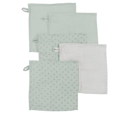 roba Organic 5-delige set washandjes 'Lil Planet' vorstgroen, mousseline, biologisch katoen, GOTS, 25 x 25 cm