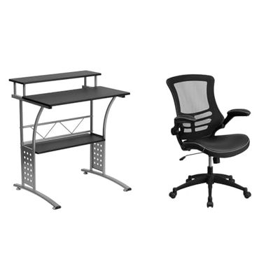 Flash Furniture Table PC,Table de Bureau surélevée pour écran d'ordinateur –Bureau Ordinateur Compact au Design Moderne –Noir + Chaise de Bureau avec Dossier Moyen,Noir