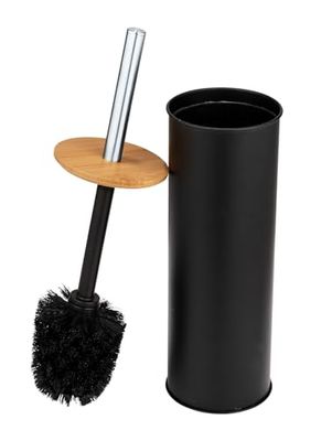 WENKO Garniture WC Tortona, brosse WC fermée en acier, combinée avec du bambou, Ø 9,5 x 38,5 cm, noir