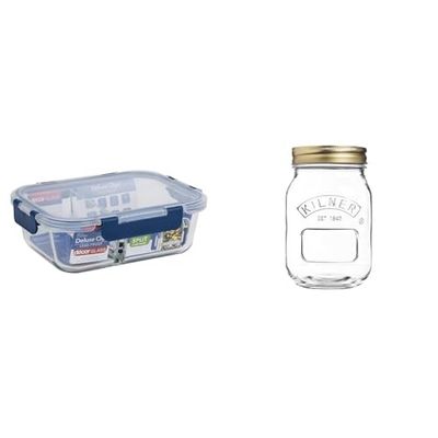 Décor Deluxe Clips Glass Food Storage Container with Split Compartments & Kilner Screw Top Round Glass Preserve Jar 500 ml, Clear, Capacity: 0.5 Litre, Airtight Screw Seal, GG785